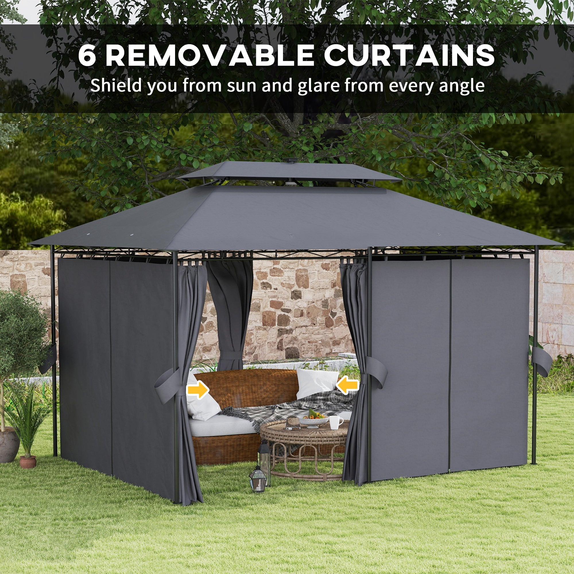 Outsunny 10' x 13' Outdoor Gazebo with Curtains and Solar-Powered LED Lights, Double Roof Patio Gazebo Canopy Shelter