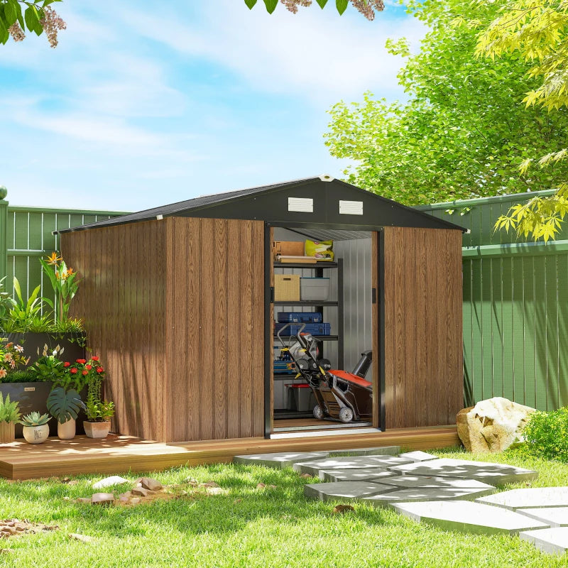 9.1'x6.4'x6.3' Garden Storage Shed, Outdoor Storage Tool House with Vents, Foundation and Lockable Double Doors, Teak