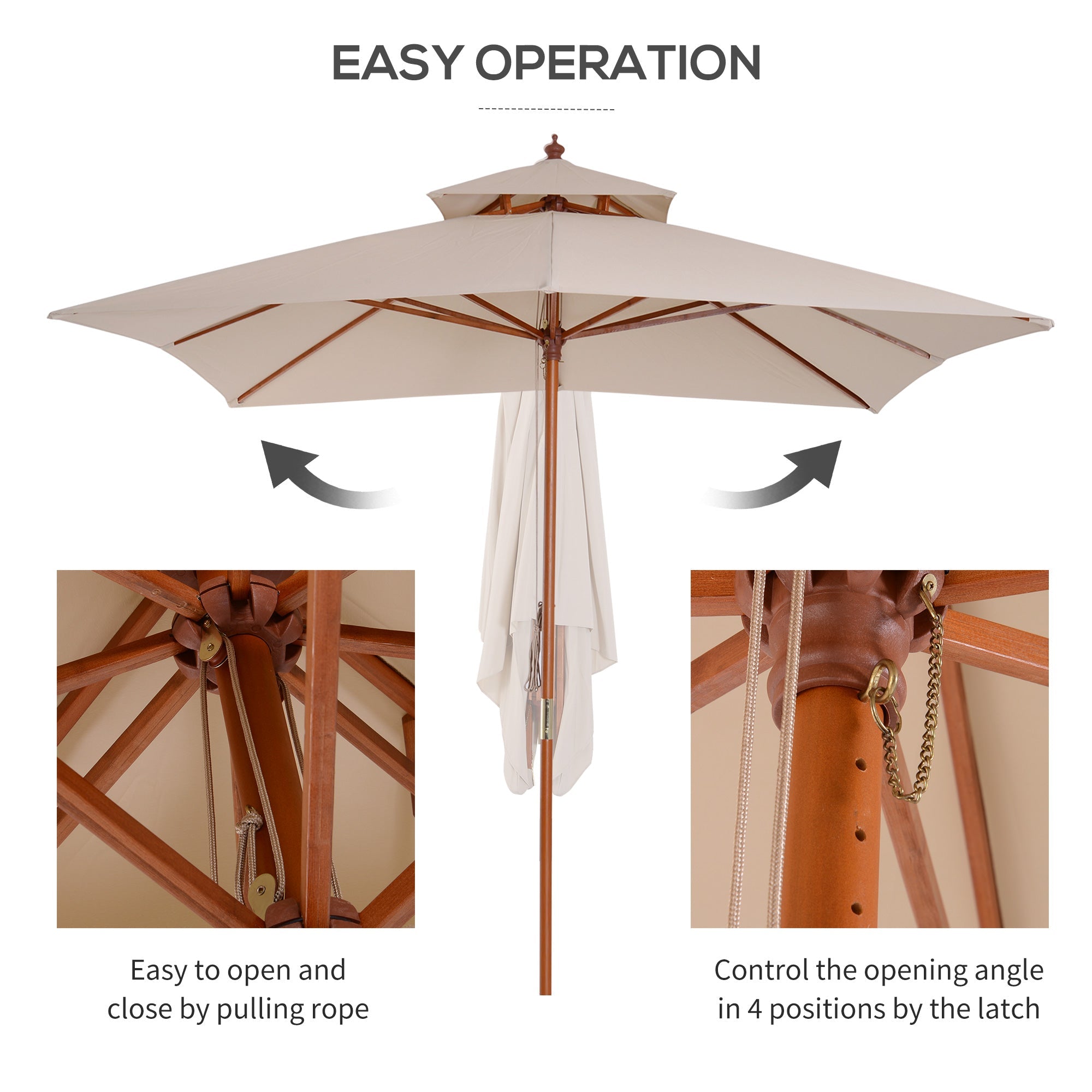 Outsunny 10x10ft Wood Square Patio Umbrella Garden Market Parasol Sunshade Canopy with 2 Pulley Pagoda Style (Khaki)