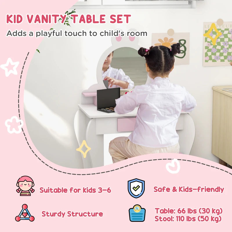 Qaba Kids Makeup Vanity Set with Stool, Mirror, Drawer, Storage Boxes, Rabbit Design, White