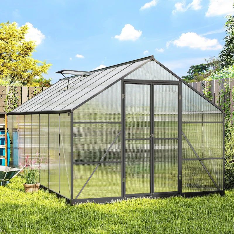 Polycarbonate Greenhouse, Walk-in Green House with Two Top Windows, Rain Gutter and Swing Door, 8' x 16' x 7', Dark Grey