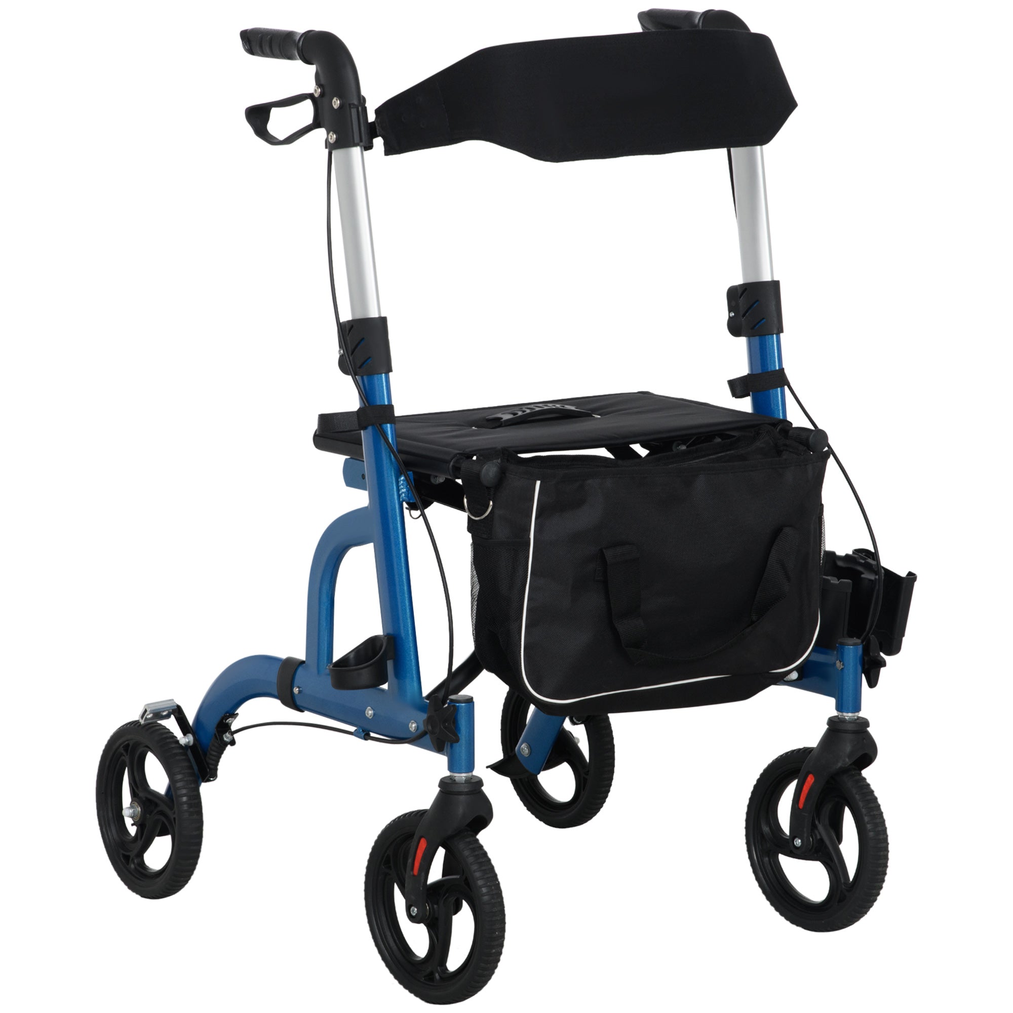 HOMCOM Rollator Walker with 8'' Wheels, Padded Seat and Backrest, Aluminium Lightweight Folding Rolling Walker, Blue
