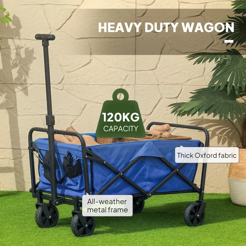 Collapsible Folding Garden Cart, Heavy Duty Lawn Wagon with Universal Wheels and Adjustable Handle, Blue