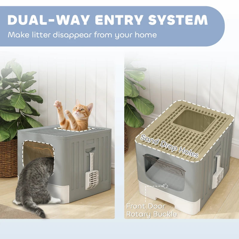 Foldable Cat Litter Box with Lid, Slide-Out Drawer, Scoop, Easy Clean, Odour Control, Anti-Splashing, Grey
