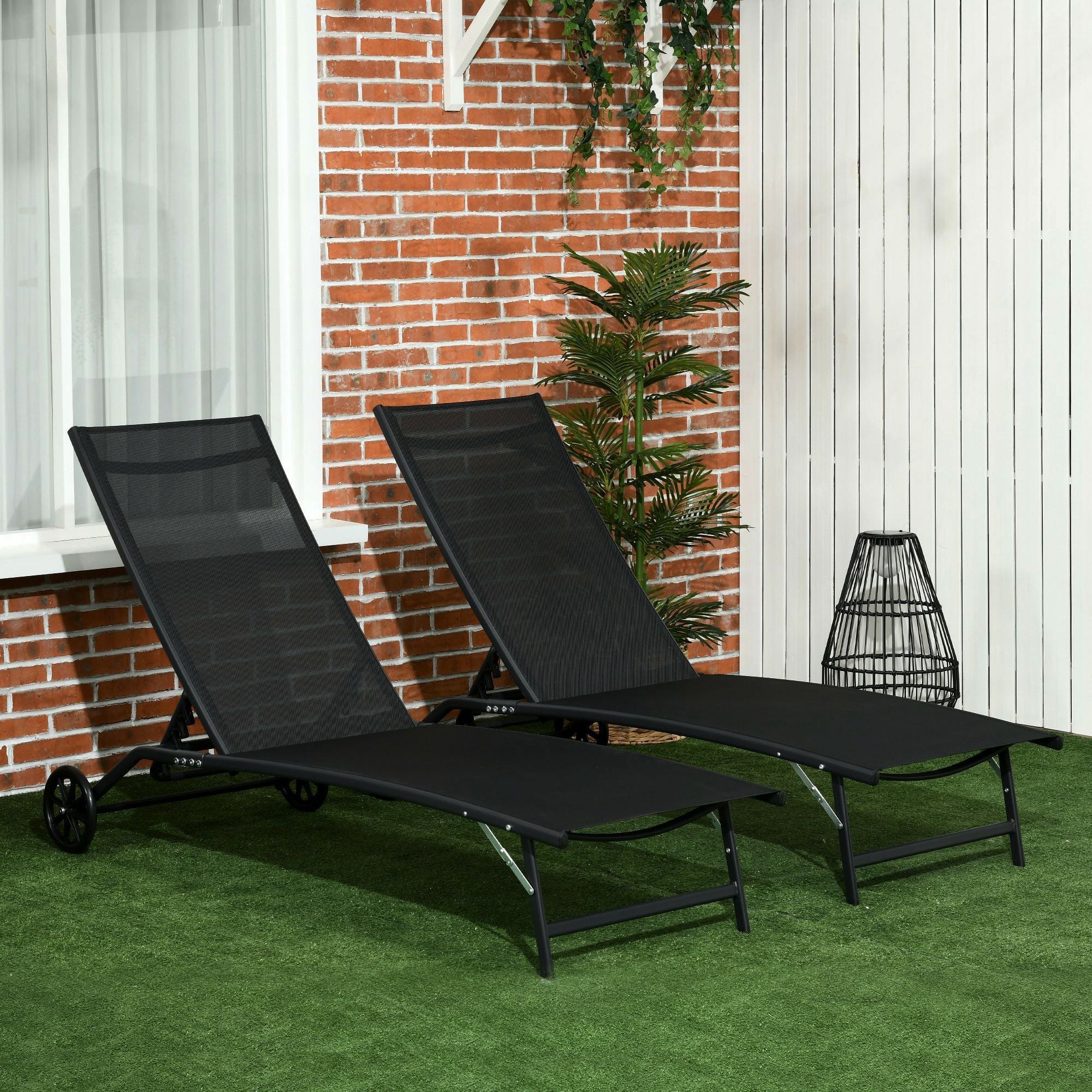 Outsunny 2PC Lounge Chairs w Wheels 5-Level Adjustable Backrest Garden Backyard Patio Poolside Black