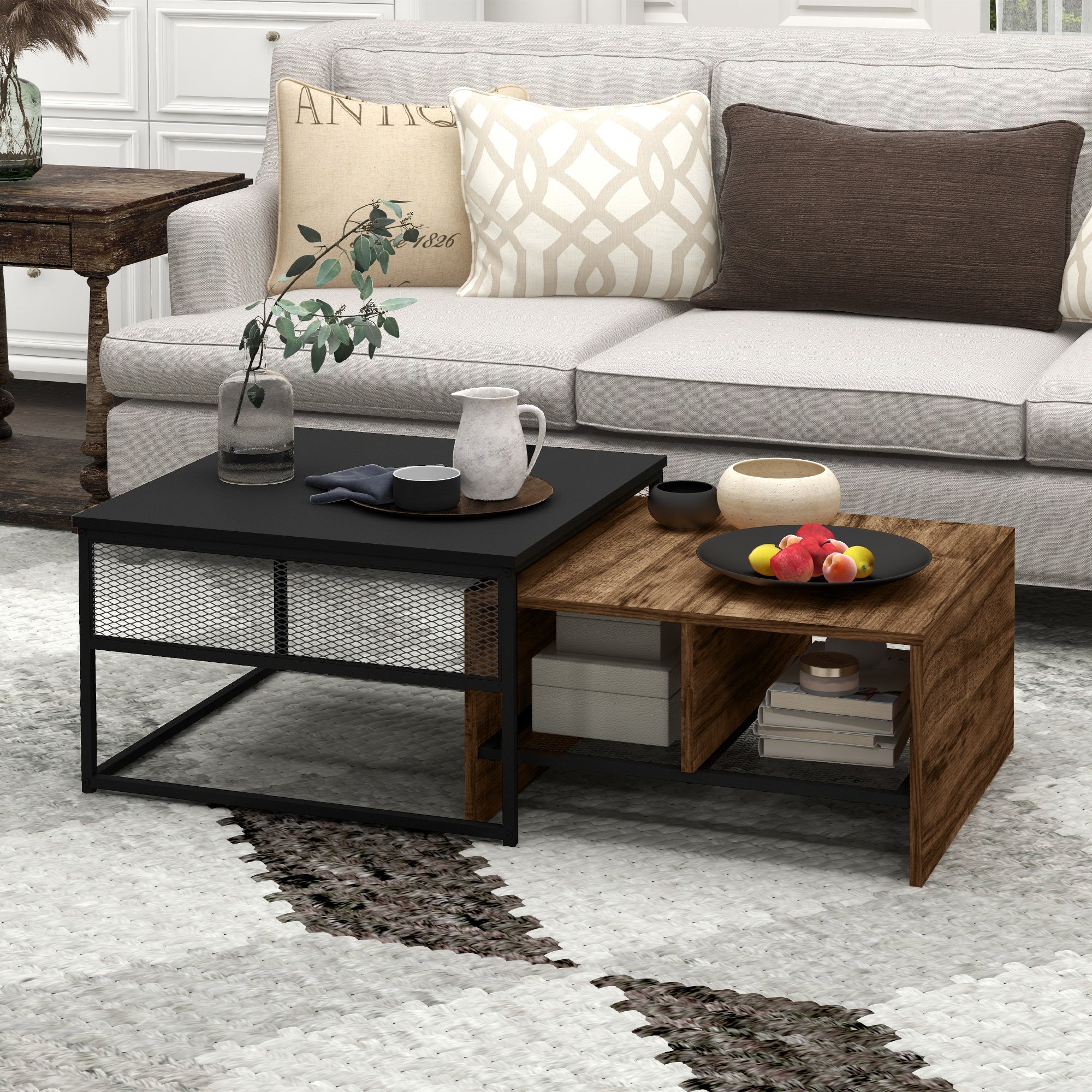 HOMCOM Coffee Table Set of 2 Industrial Nesting Tables Square Coffee Table and Narrow Sofa Side Table for Living Room
