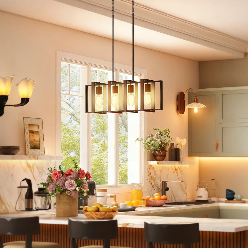 Farmhouse Kitchen Island Lighting, Linear Pendant Light with 4 Rotatable Frames and Adjustable Height, Walnut