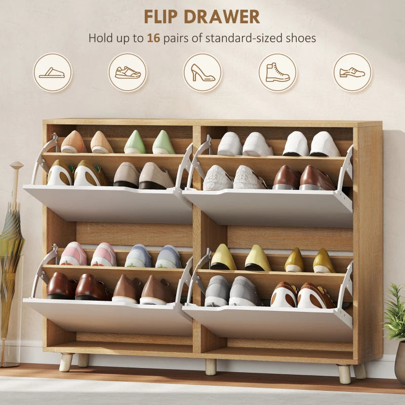 Narrow Shoe Cabinet, Shoe Storage Cabinet with 4 Flip Drawers and Adjustable Shelves for 16 Pairs of Shoes, Natural