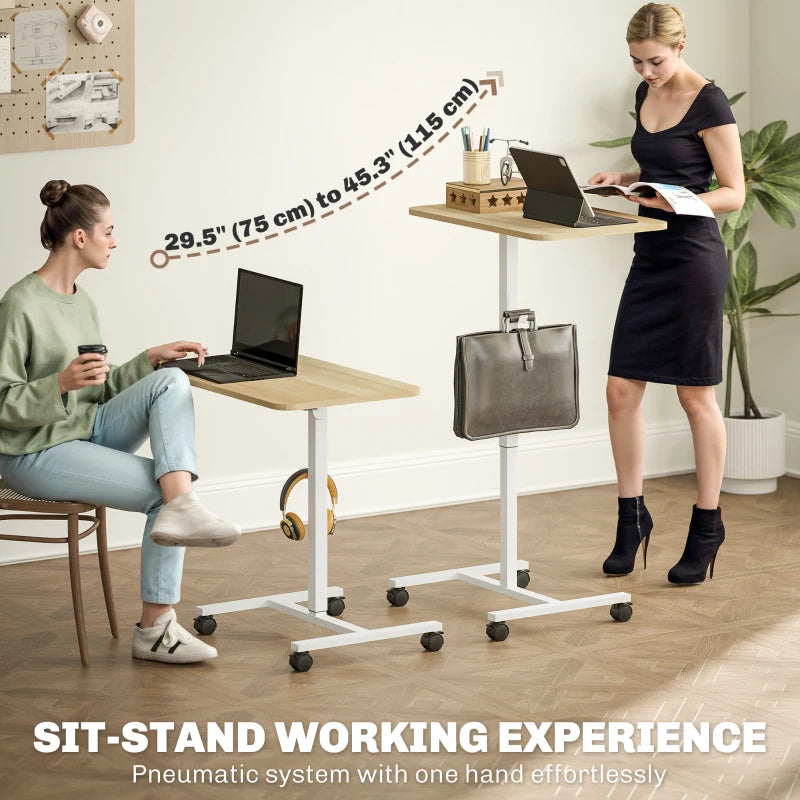 Height Adjustable Standing Desk, Pneumatic Sit Stand Desk with Wheels and Headphone Hook, Natural Wood Grain