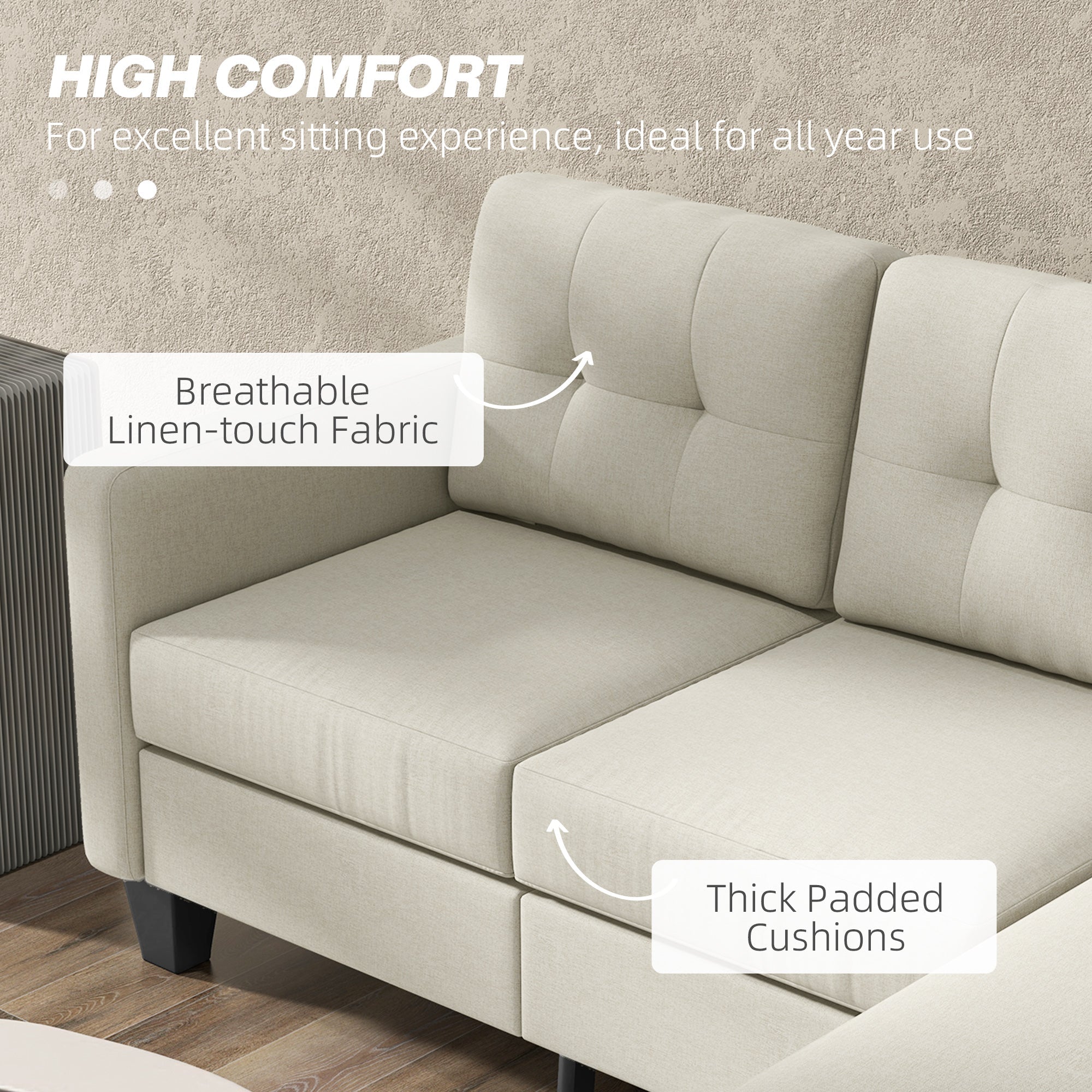HOMCOM L-shaped Sofa, 3 Seater Sectional Couch with Ottoman, Corner Sofa with Thick Padded Cushion and Wood Legs, Beige