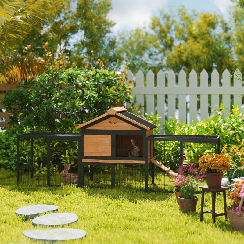 Rabbit Hutch Outdoor, 85"L Large Wooden Bunny Cage with Run Box, Removable Plastic Tray, Asphalt Roof, Ramp, Yellow