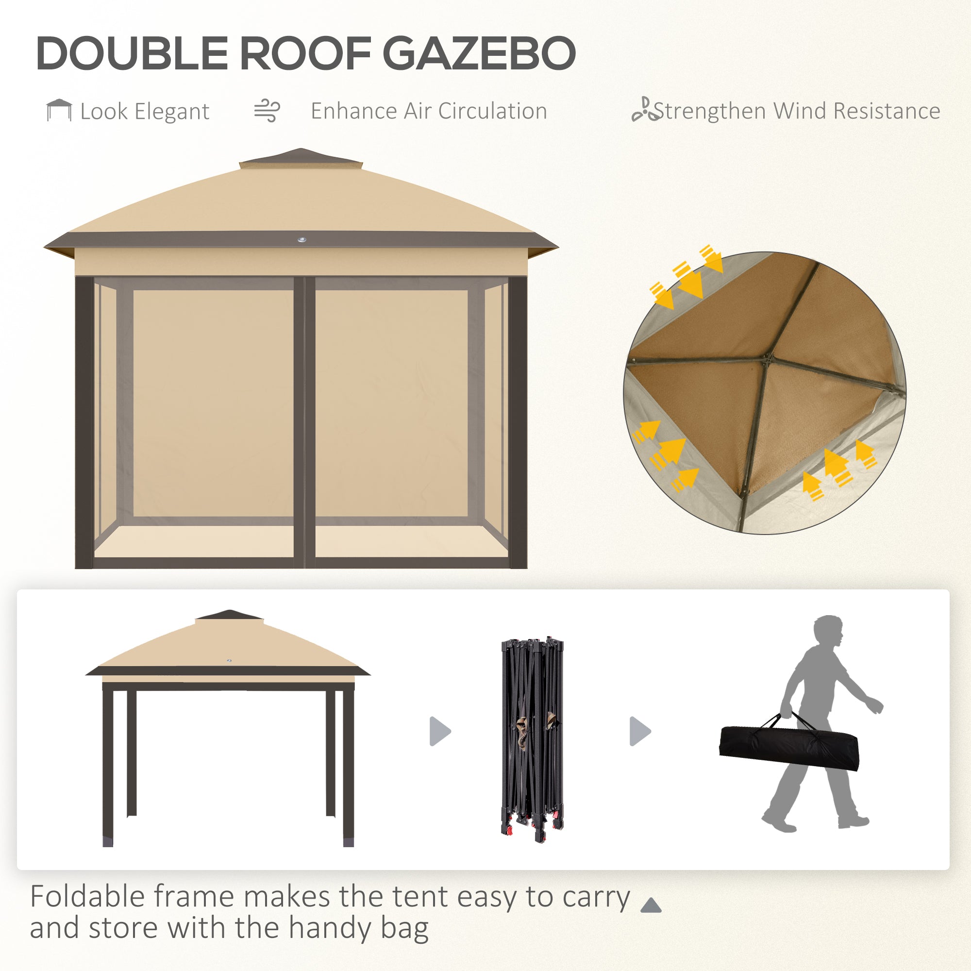 Outsunny 11' x 11' Pop Up Gazebo, Double Roof Foldable Canopy Tent with Zippered Mesh Sidewalls, Height Adjustable and Carrying Bag