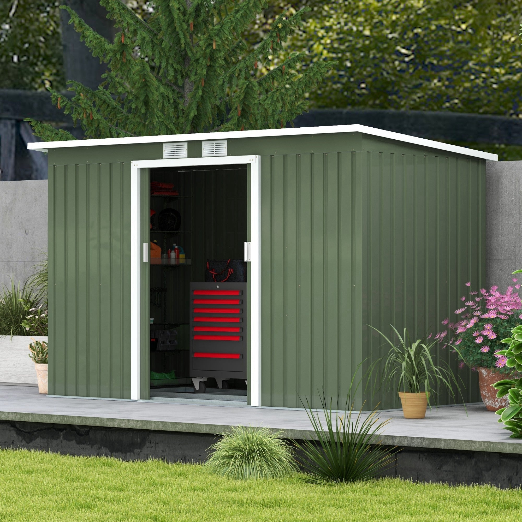 Outsunny 9'x4' Corrugated Metal Garden Shed: Summer House with Foundation, Vents & Doors, Light Green