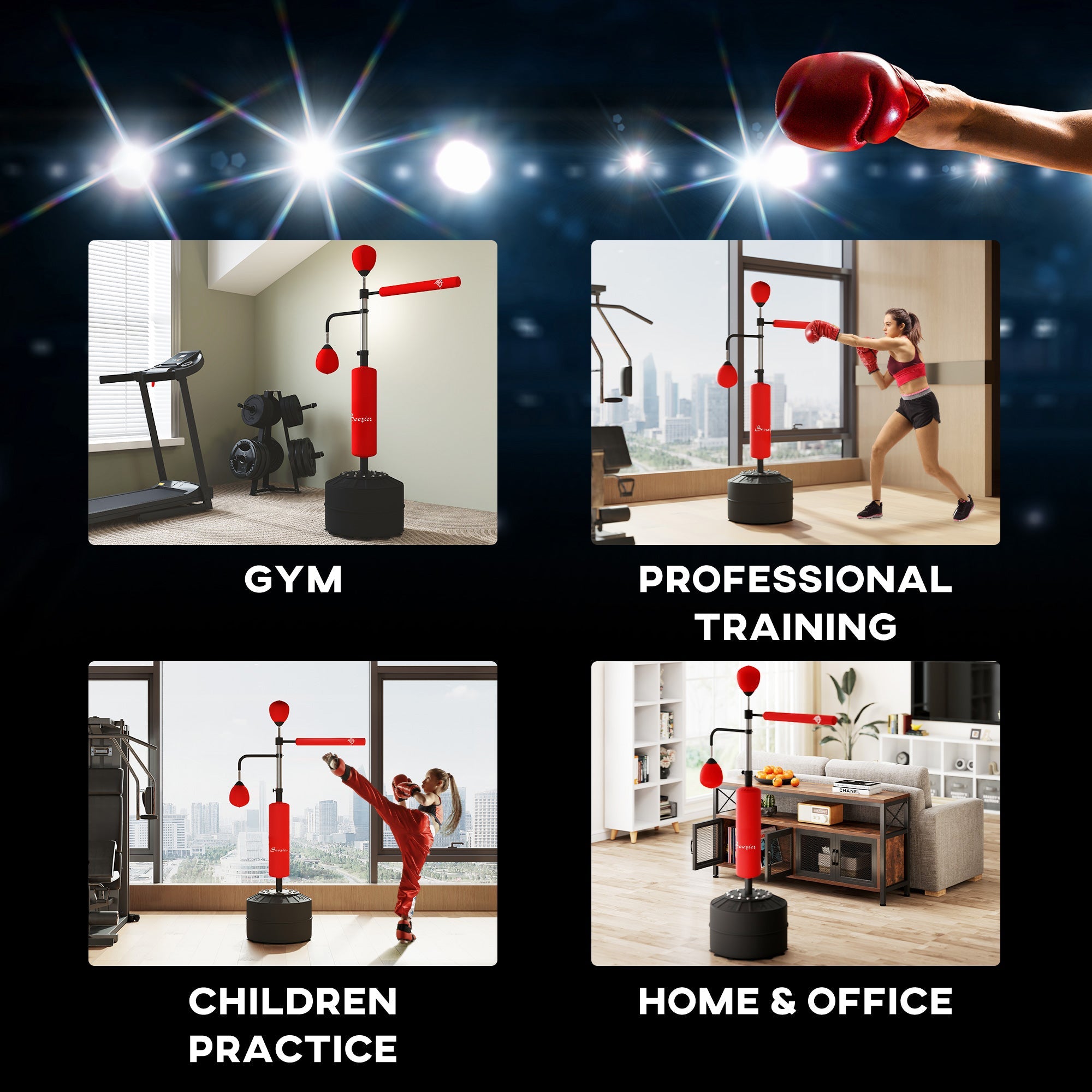 Soozier 3-in-1 Free Standing Punching Bag, Height Adjustable Boxing Bag with 2 Speed Balls, 360° Reflex Bar, Red