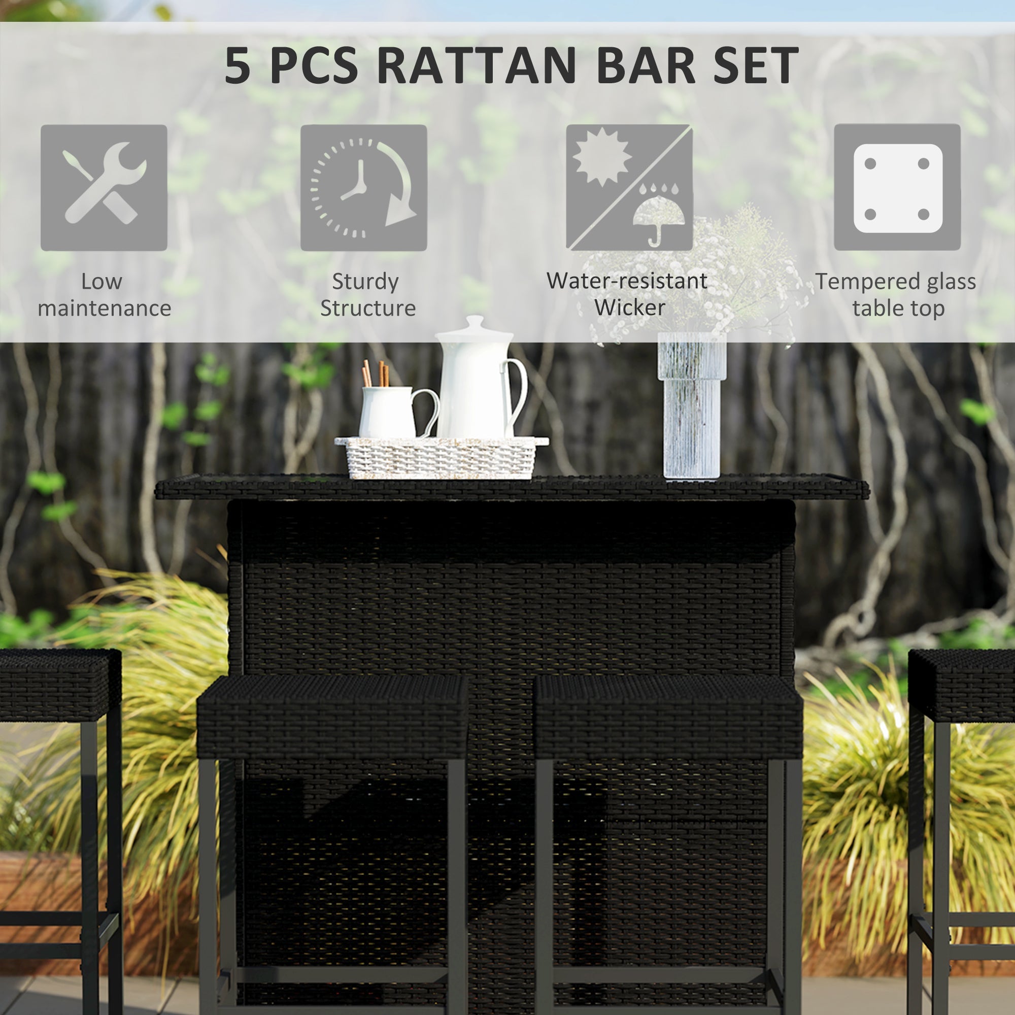Outsunny 5 Pieces Patio Bar Set, Outdoor PE Rattan Wicker High Top Outdoor Table and Chairs with Glass Top Bar Table and Shelfs, 4 Bar Chairs, Black