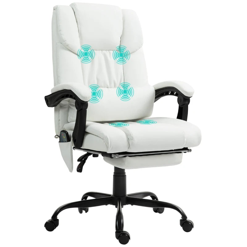 6-Point Vibration Massage Chair, Height Adjustable Reclining Computer Chair with Retractable Footrest, White