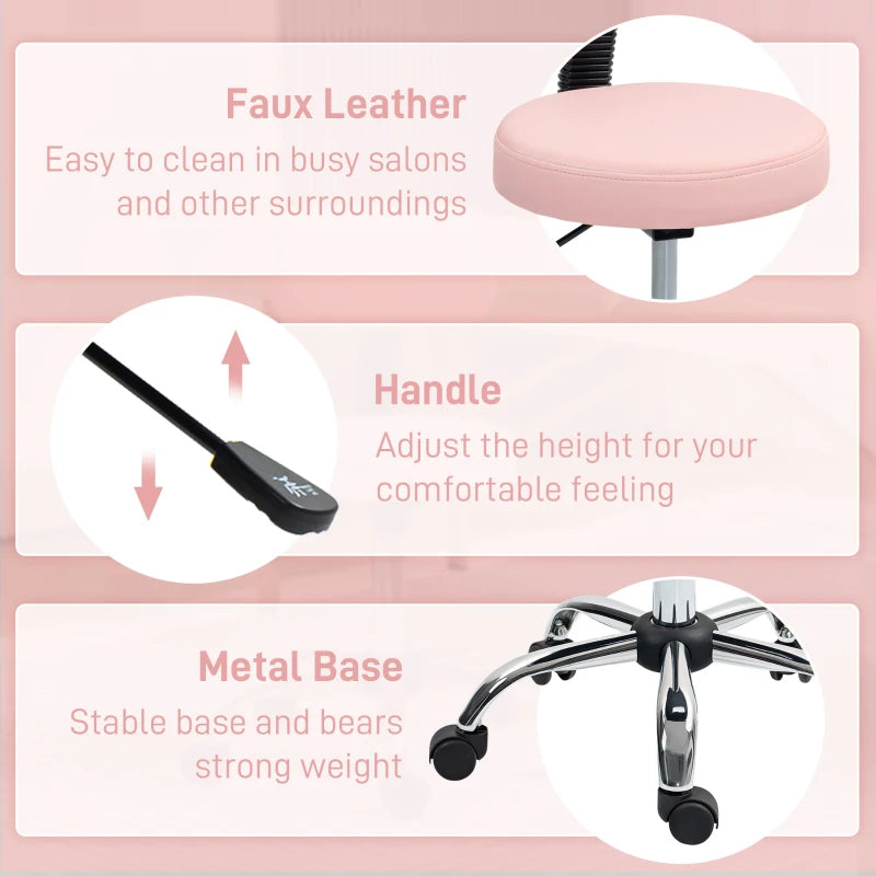 Adjustable Rolling Stool with Removable Backrest, Faux Leather Swivel Stool Chair for Salon Spa, Bar, Massage, Pink