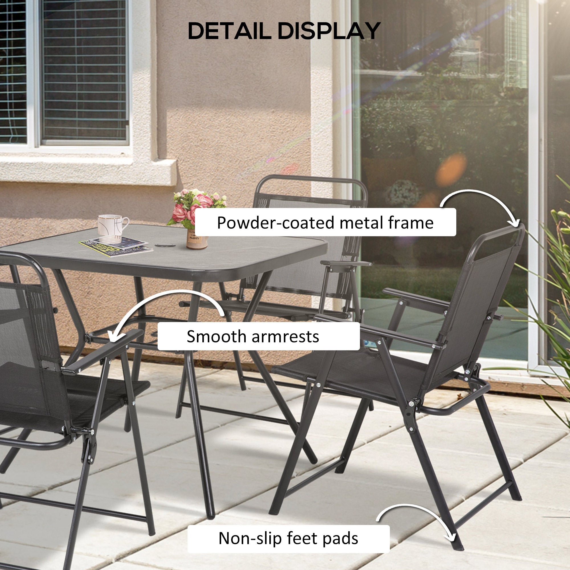 Outsunny 5-Piece Outdoor Dining Set Foldable Chairs Umbrella Hole Wood-plastic Table Mesh Seat Black