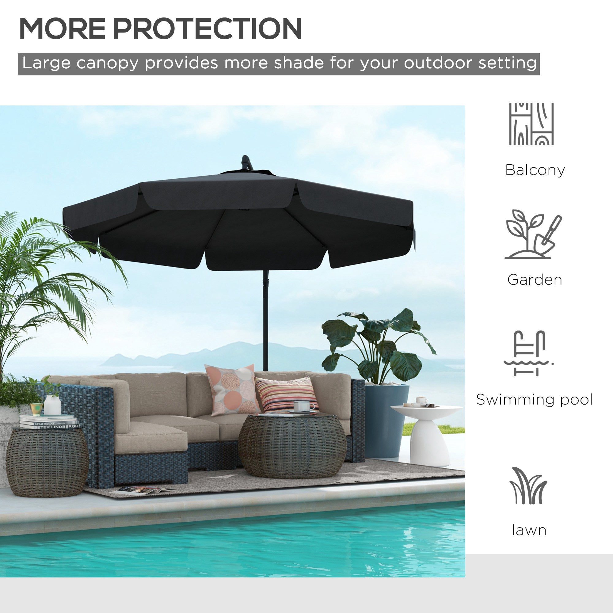 Outsunny 11ft Cantilever Patio Umbrella Offset Parasol 8 Ribs Cross Base for Outdoor Garden Black