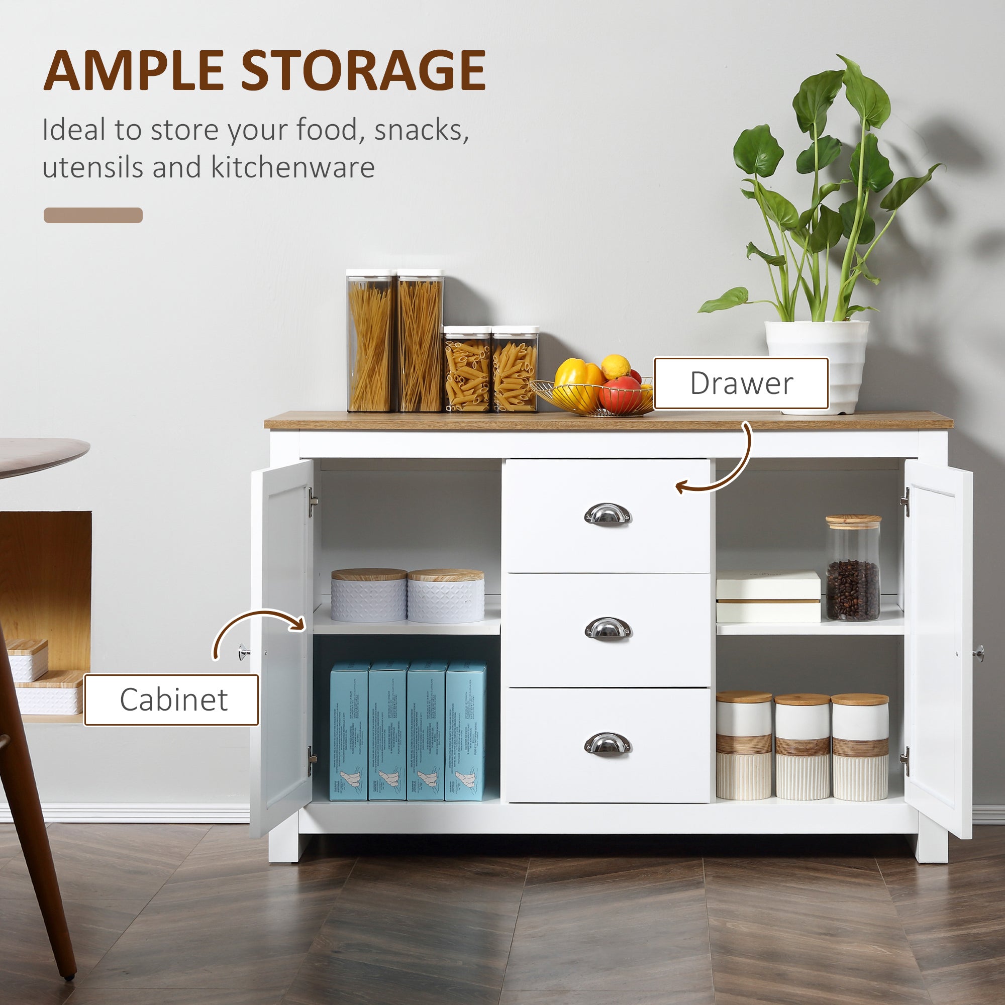 HOMCOM Modern White Buffet Cabinet: Sideboard Bar Cabinet with 3 Drawers and Adjustable Shelves for Kitchen