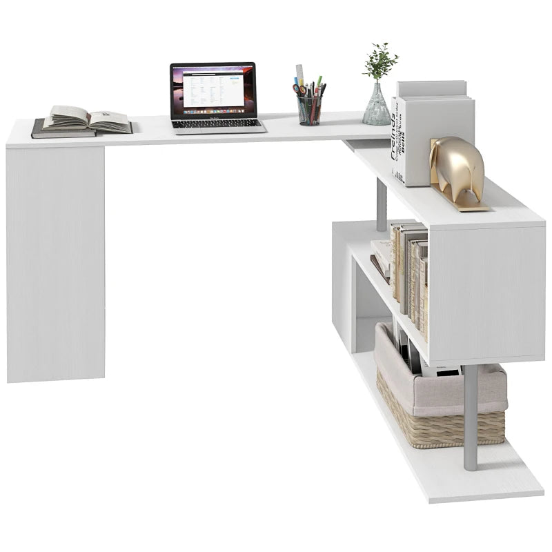 55" Corner Computer Desk, 360° Rotating L-Shaped Desk, Home Office Workstation with 3-Tier Shelves, Bookshelf, White