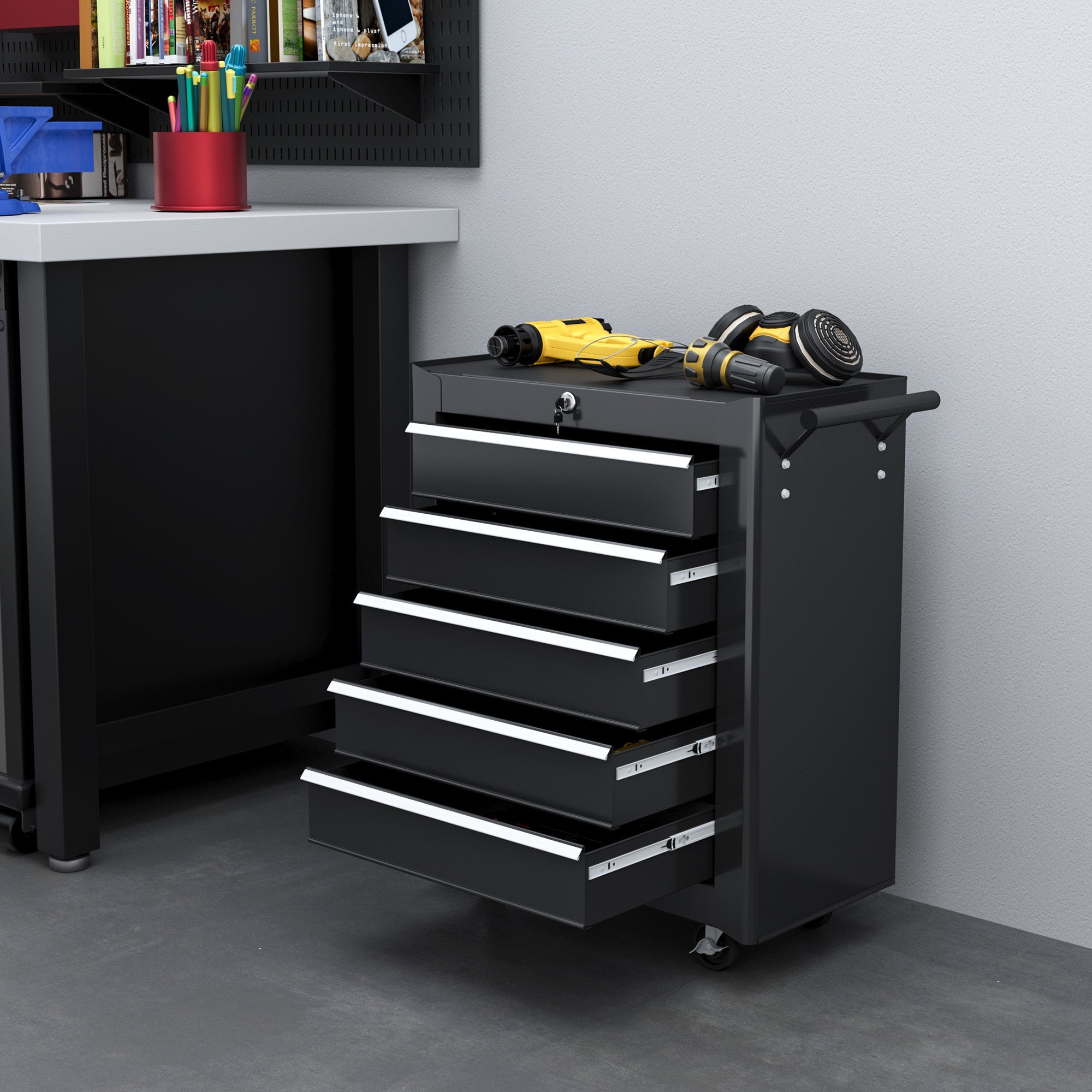 HOMCOM 5 Drawer Steel Rolling Tool Cabinet Wheeled Storage Cart Box, Black, 31"