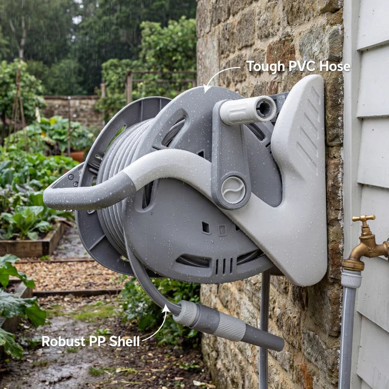 Portable Garden Hose Reel, 1/2" x 66ft Wall Mounted Hose Reel with 2 Patterns Spray Nozzle and Crank Handle, Grey