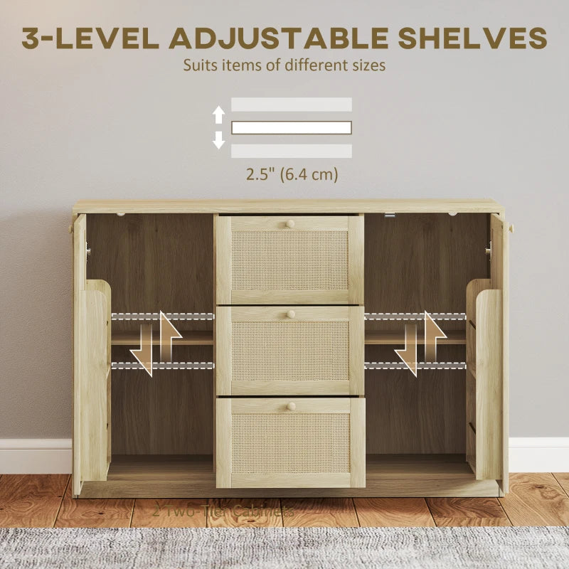 Boho Sideboard Buffet Cabinet, Kitchen Coffee Bar Cabinet with 3 Drawers, 2 Adjustable Shelves and 4 Racks, Natural