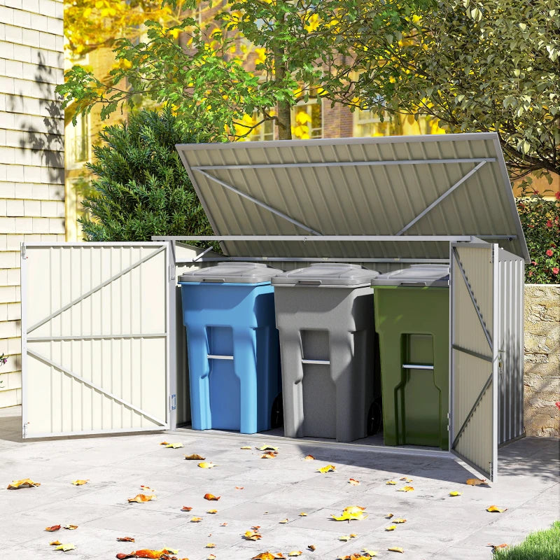 7.6 x 3.4ft Outdoor Storage Shed, 3 Garbage Bin Shed Organizer with Lockable Double Doors, Openable Lid, Silver Grey