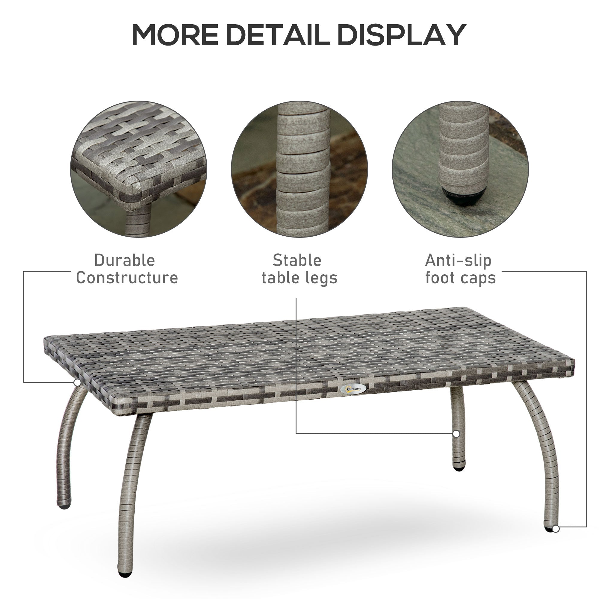 Outsunny 35" Rattan Coffee Table Outdoor Side Table Patio Wicker Furniture, Small Rectangular with All-Weather PE for Garden, Balcony, Backyard, Poolside, Grey