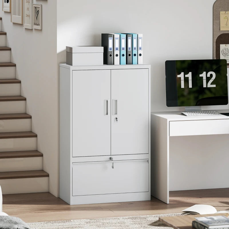 Lateral Filing Cabinet, Metal Storage Cabinet, Garage Cabinet with Double Locks, Adjustable Shelf and File Drawer, White