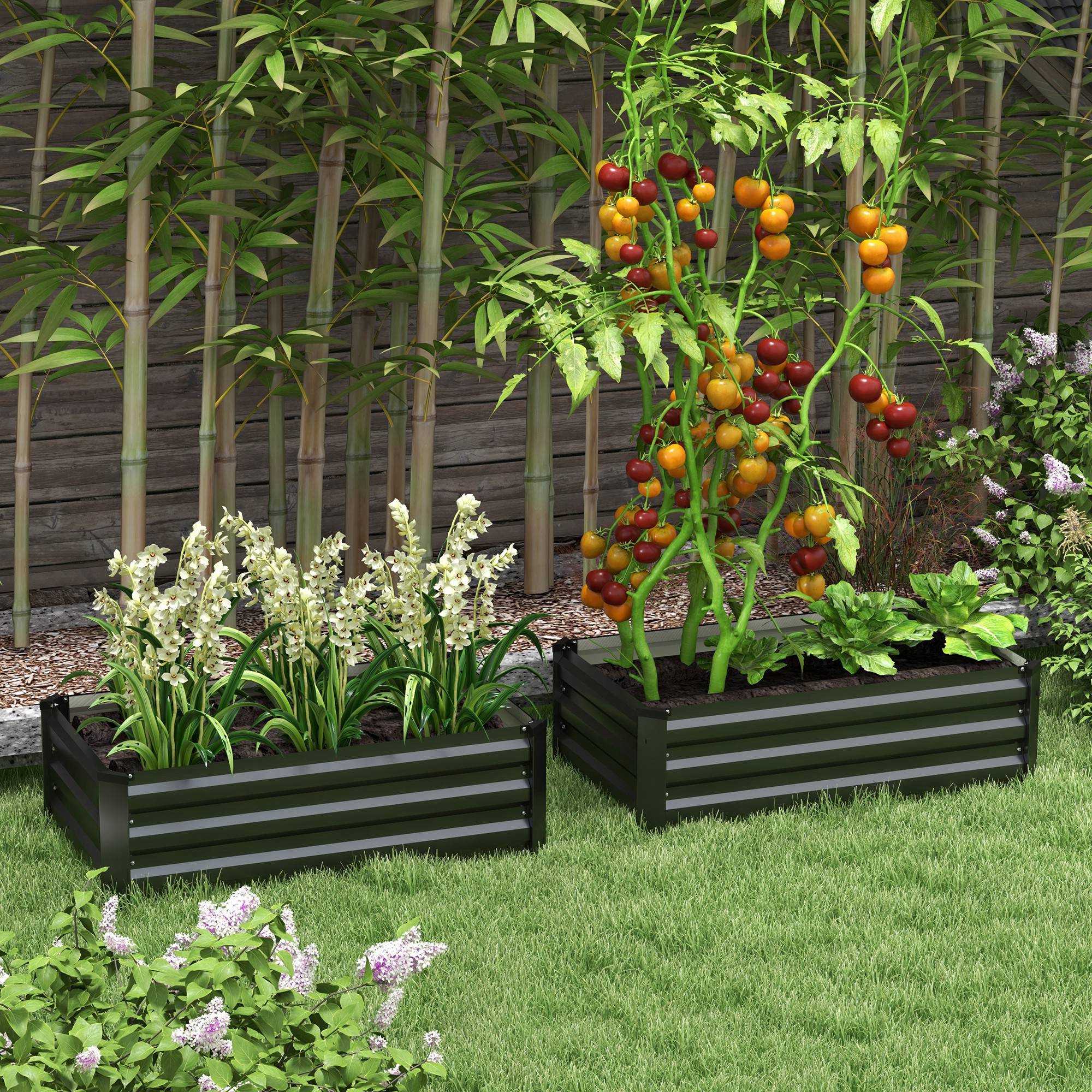 Outsunny Set of 2 Galvanized Raised Garden Beds in Grey - Outdoor Planter Boxes for Flowers, Herbs & Vegetables