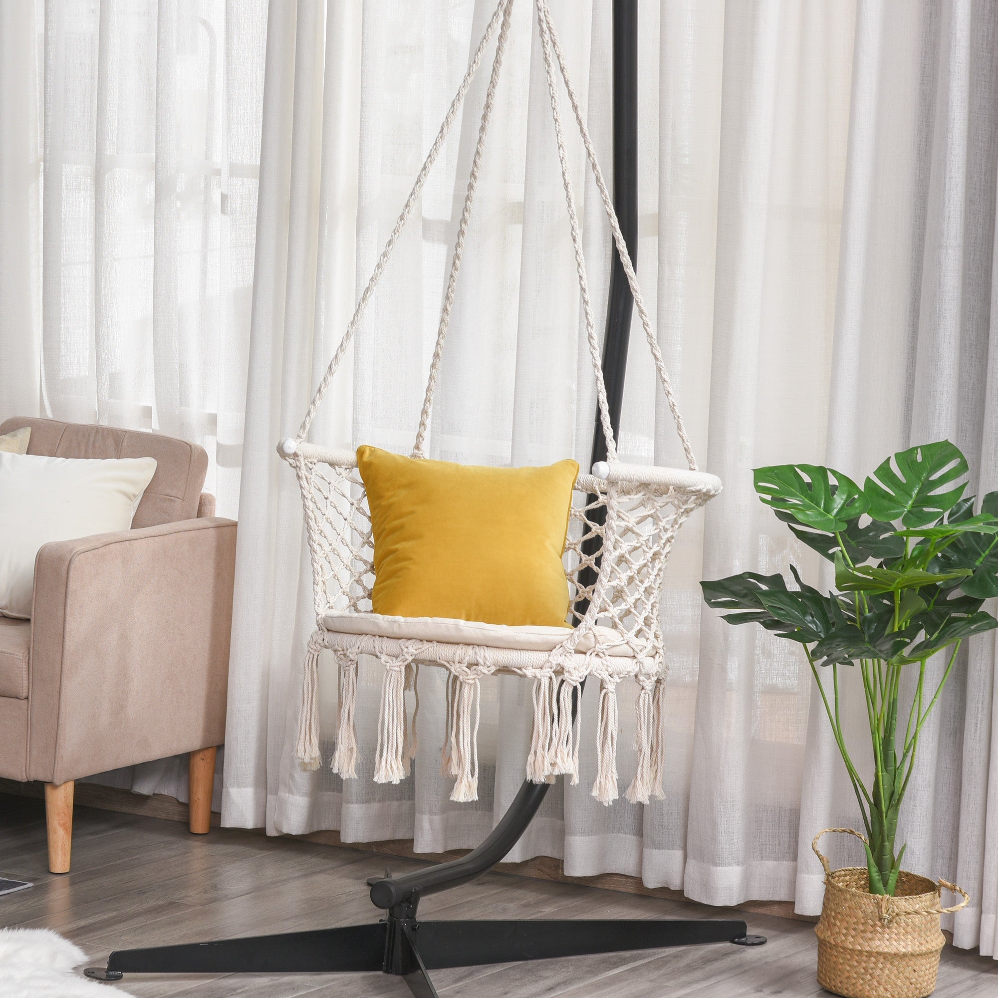 Outsunny Cotton Rope Hanging Hammock Chair Swing with Cushion Metal Frame for Patio Garden Cream White
