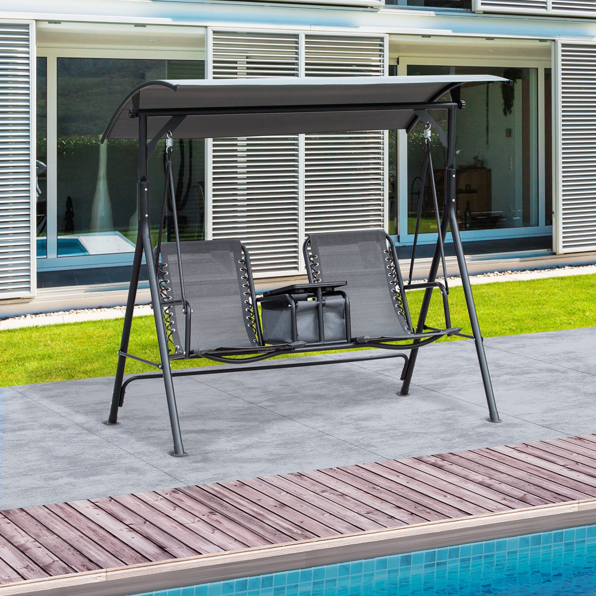 Outsunny 2-Person Patio Swing Chair Covered Porch Swing with Pivot Storage Table, Cup Holder, & Adjustable Overhead Canopy, Grey