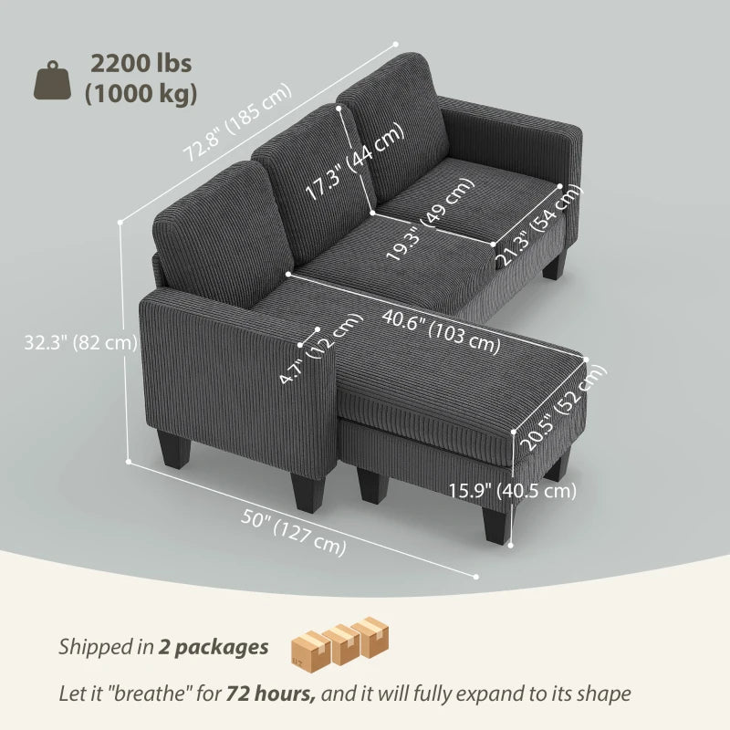 Sectional Sofa, L Shaped Couch, with Changeable Chaise or Ottoman, Dark Grey