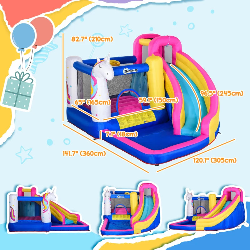 Kids 5 in 1 Inflatable Bounce Castle House, Trampoline Water Slide Pool Climbing Wall with Inflator for Kids Age 3-12 Summer 12.4' x 10.5' x 6.9' - Multi-color