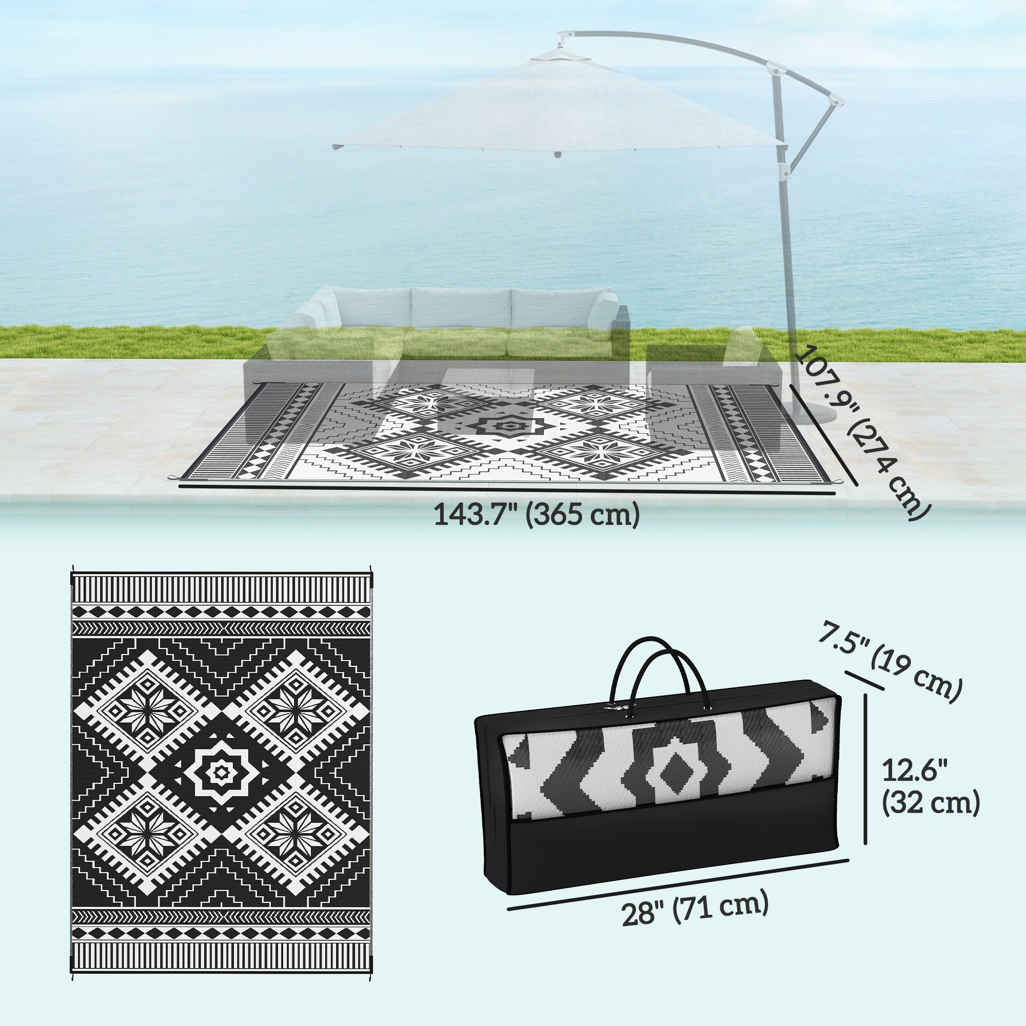 Outsunny 9' x 12' Outdoor RV Rug, Reversible Patio Floor Mat with Carry Bag, Toothed Rhombus, White and Black