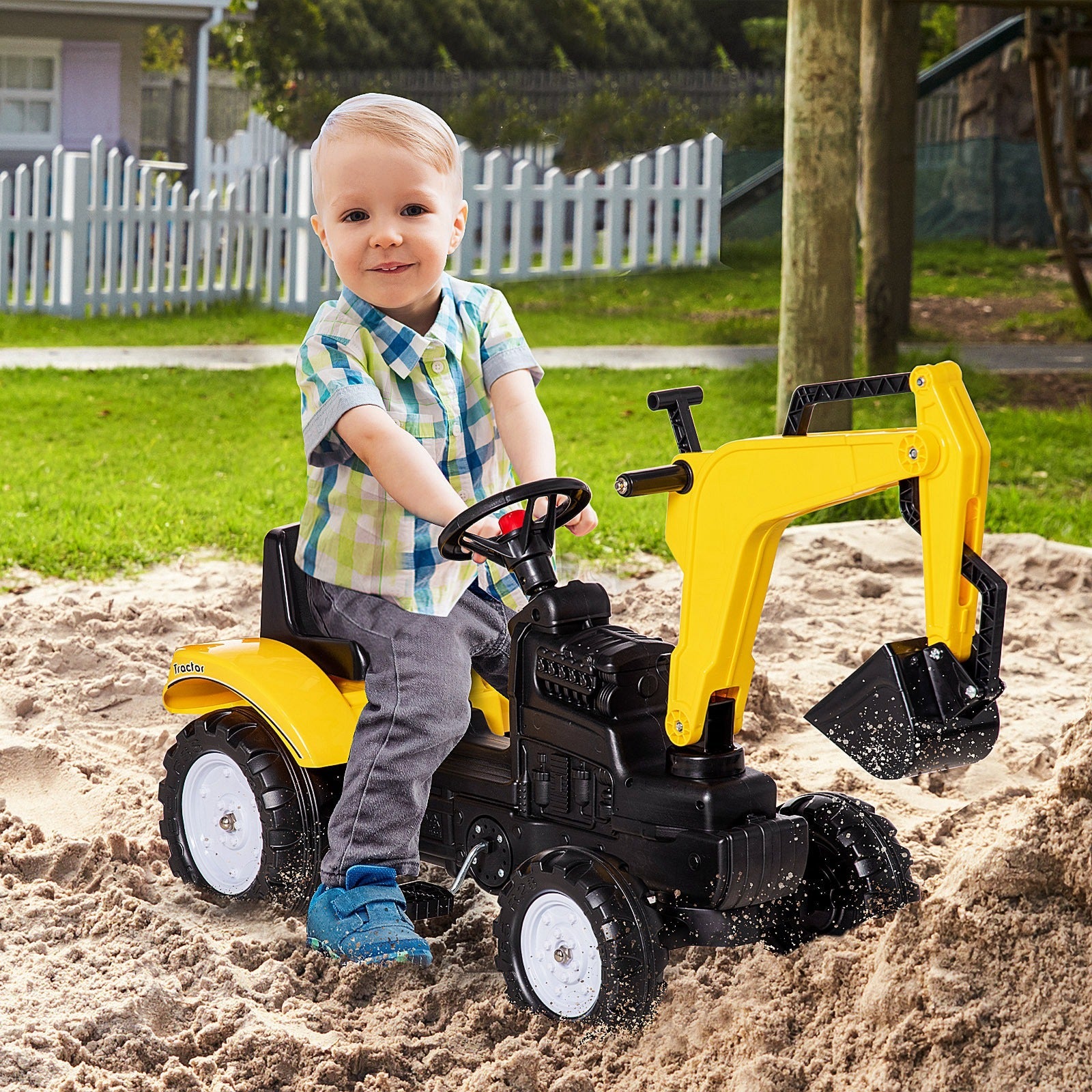 Aosom Kids Ride on Excavator, Pedal Excavator Ride on Toy, Pretend Play Ride on Tractor for Kids & Toddlers, Yellow