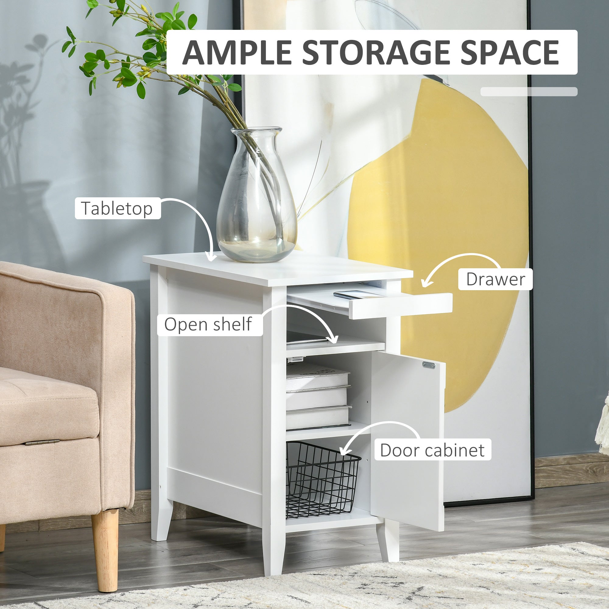 HOMCOM Chic Side Table: Accent End Table with Open Shelf and Cupboard, Sofa Side Table with Storage for Living Room, Crisp White