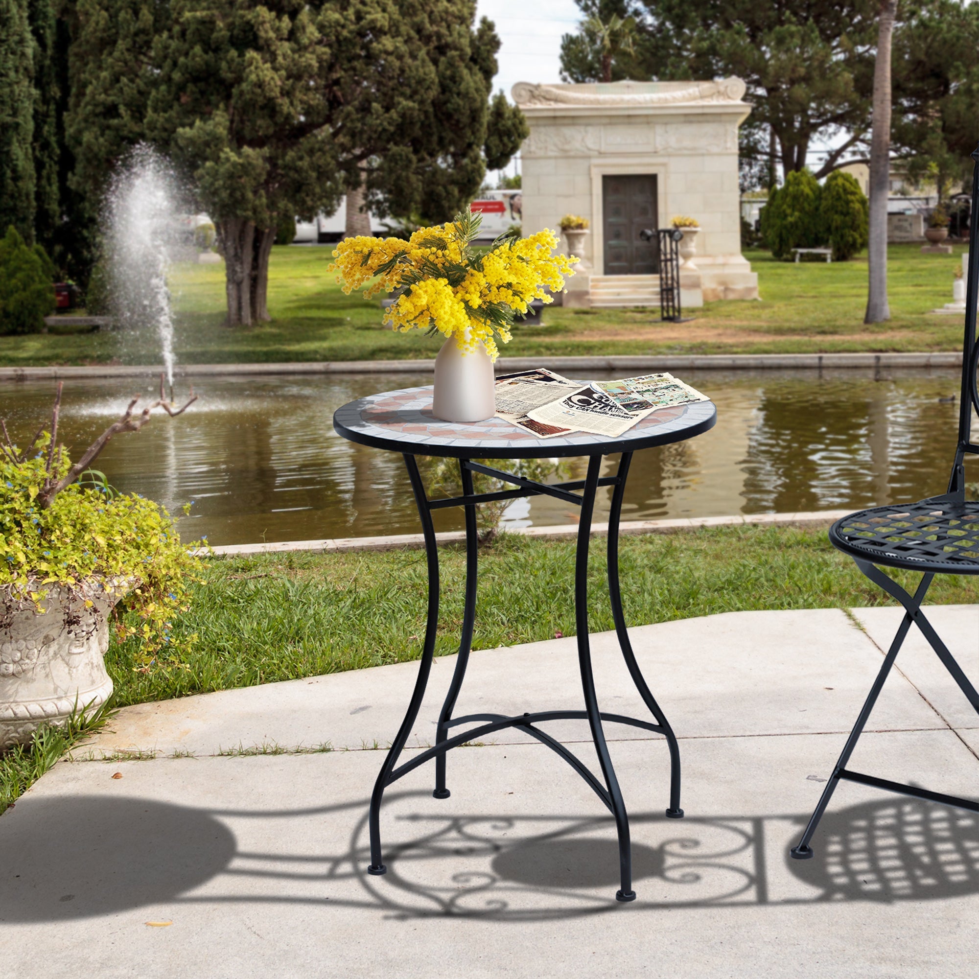 Outsunny 23.5" Mosaic Round Patio Table Metal Bistro Coffee Outdoor Furniture Ceramic Top Garden Lawn