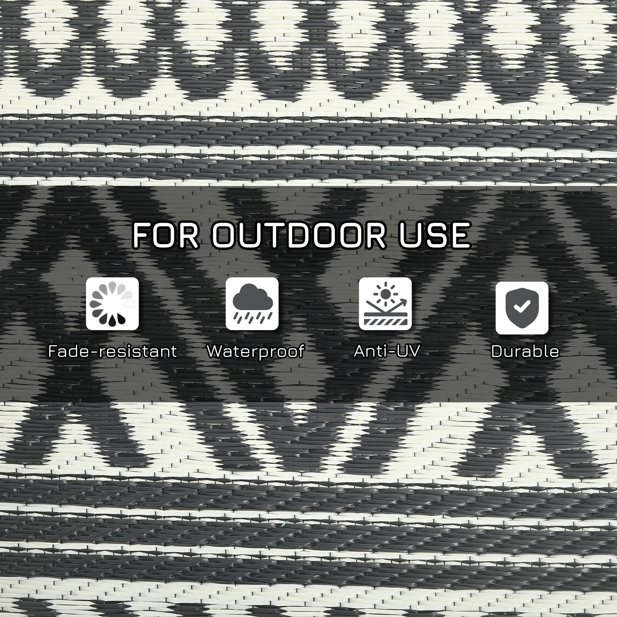 Aosom Reversible Outdoor Rug 9'x18' - Waterproof Plastic Straw Mat, Grey and Cream White Boho Design with Carry Bag for RV & Patio
