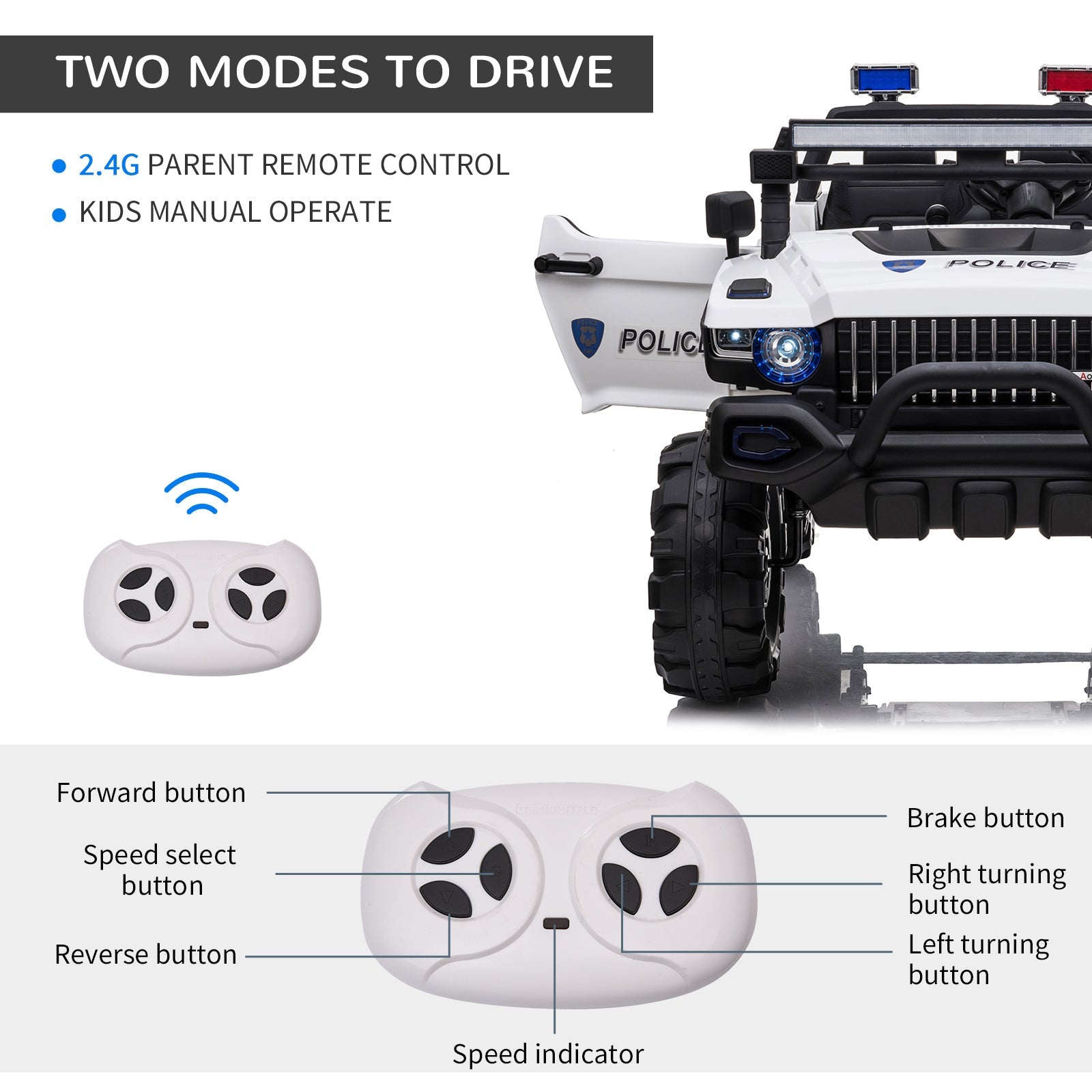 Aosom 12V Kids Police Truck Ride-On Car RC 2-Seater with LED Lights MP3 Parental Remote Control White