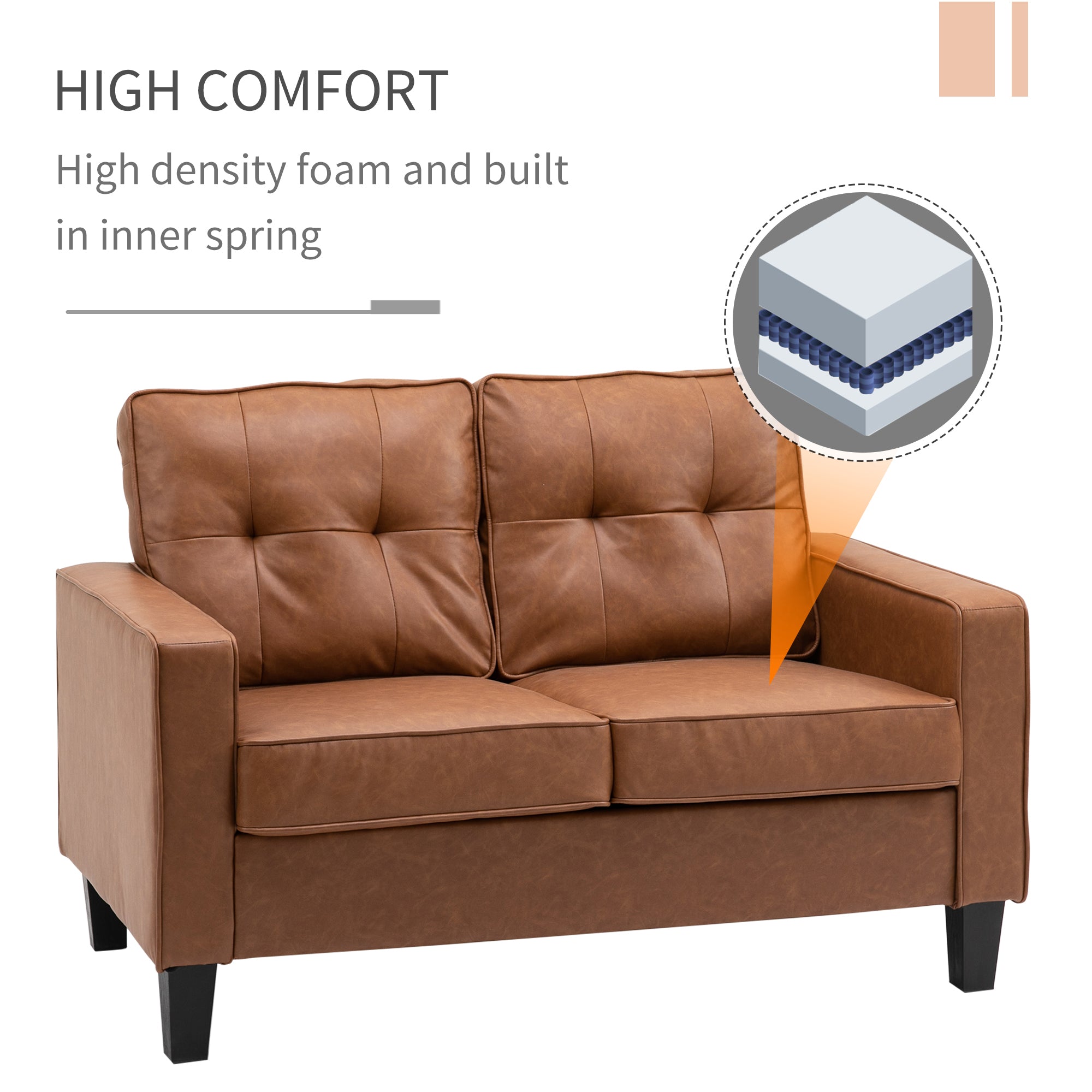 HOMCOM Brown 51" PU Leather Double Sofa with Sponge Padding and Tufted Back Comfortable Seating