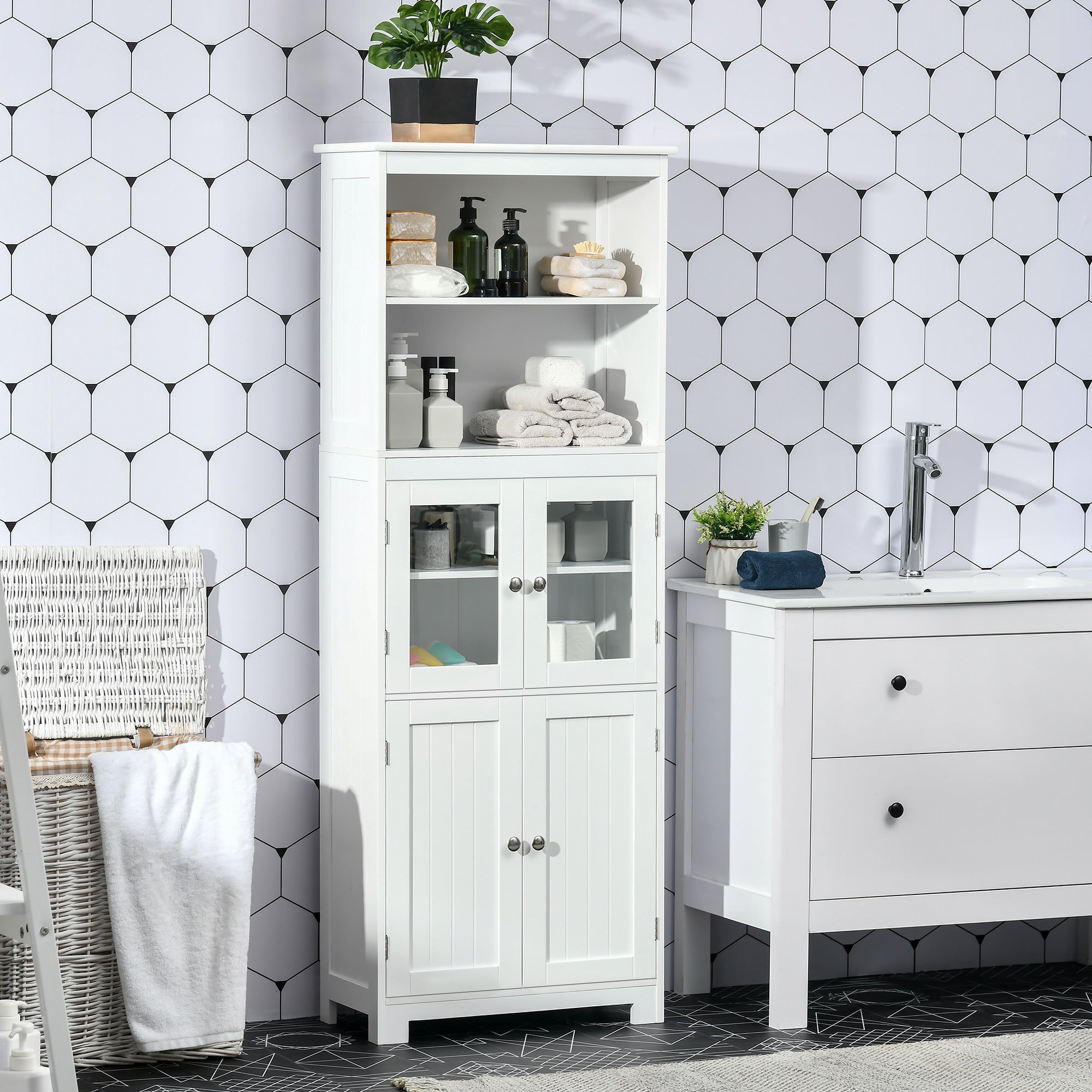 HOMCOM Elegant 63" Buffet Hutch 4-Door Kitchen Pantry Freestanding Bathroom Cabinet Adjustable Shelf Dining Room Storage