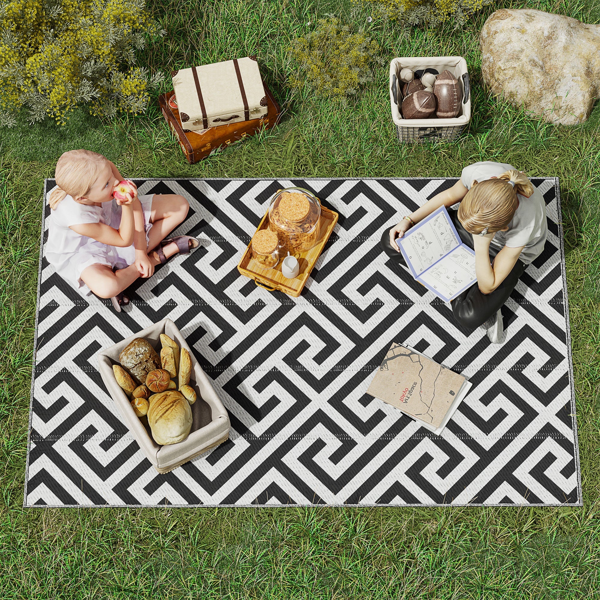 Outsunny 4' x 6' Reversible RV Outdoor Rug, Patio & Camping Plastic Straw Mat, Black & White, for Deck, Beach