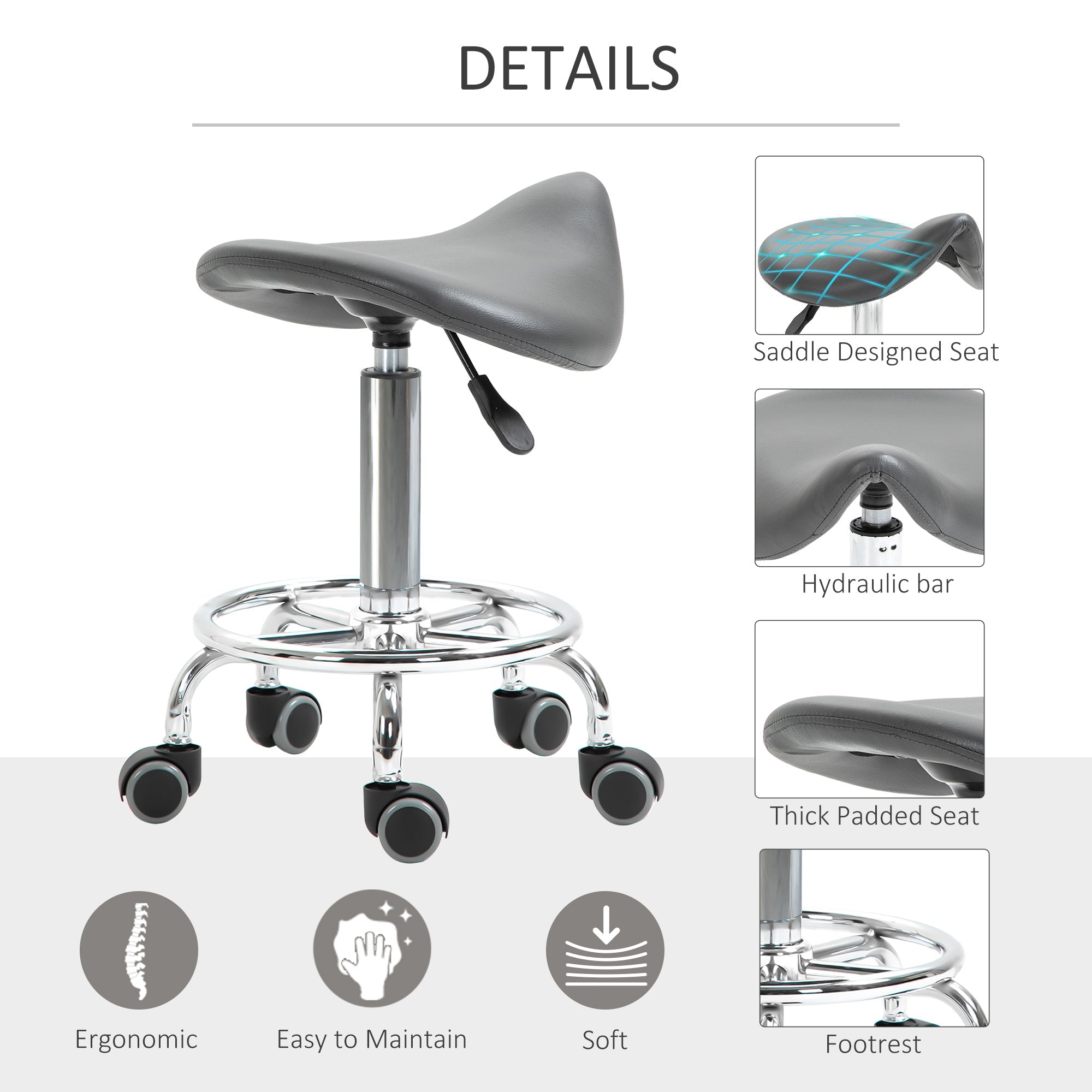 HOMCOM Saddle Stool PU Leather Adjustable Rolling Salon Chair Grey for Massage Spa Clinic Beauty Tattoo
