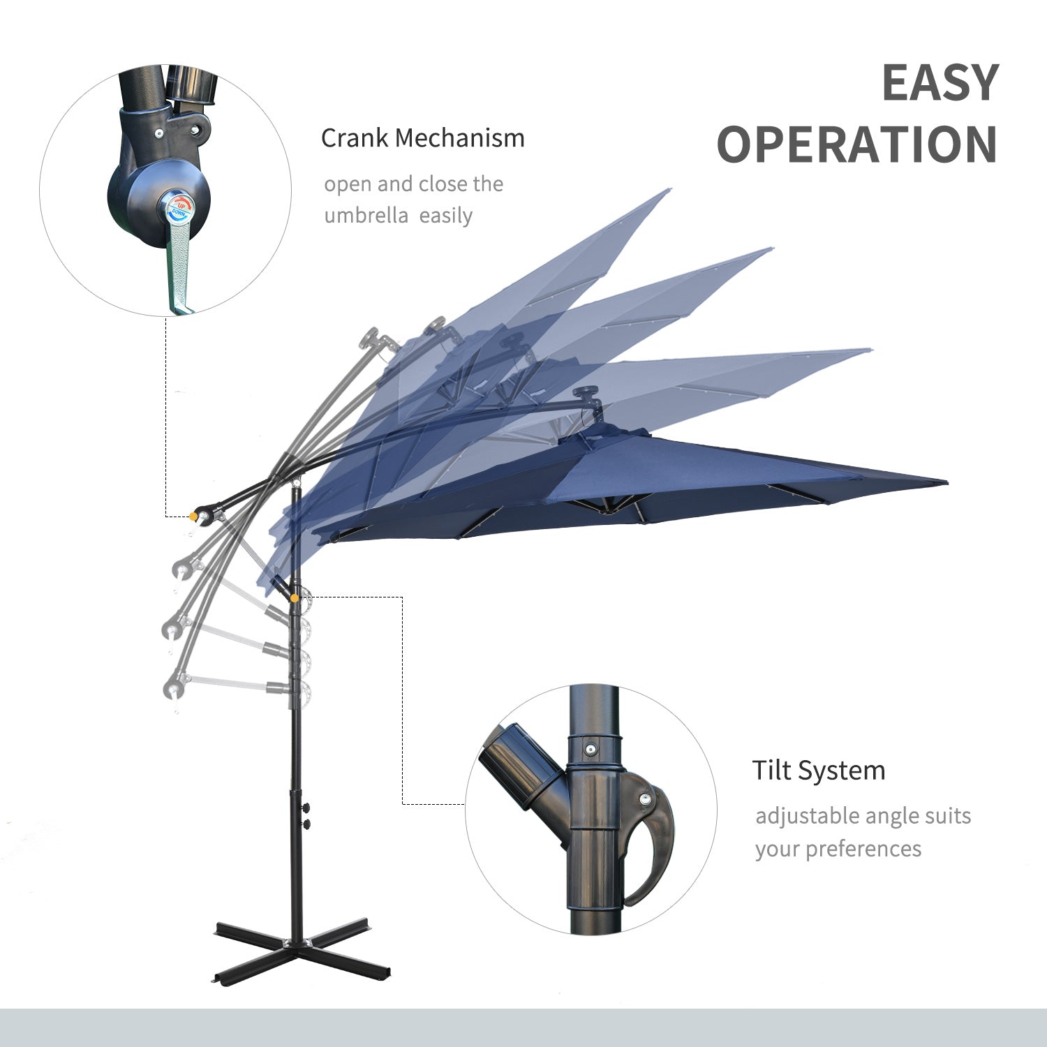 Outsunny 10ft Outdoor Cantilever Umbrella with Solar Lights Banana Adjustable Angle for Patio Backyard Navy Blue