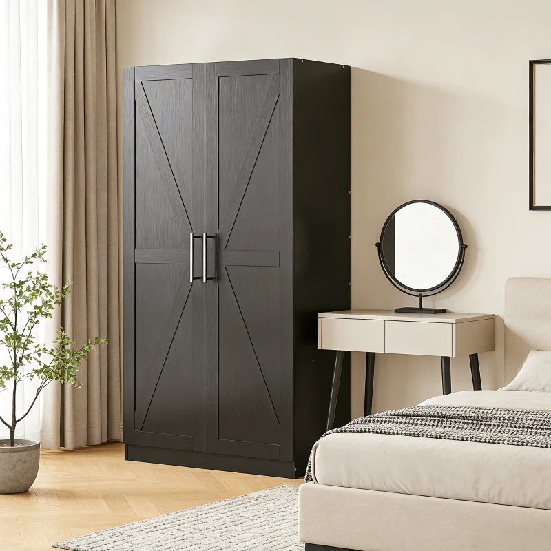 Wardrobe Cabinet with 2 Barn Doors and Hanging Rod, Farmhouse Armoire Wardrobe Closet for Bedroom, Black Wood Effect