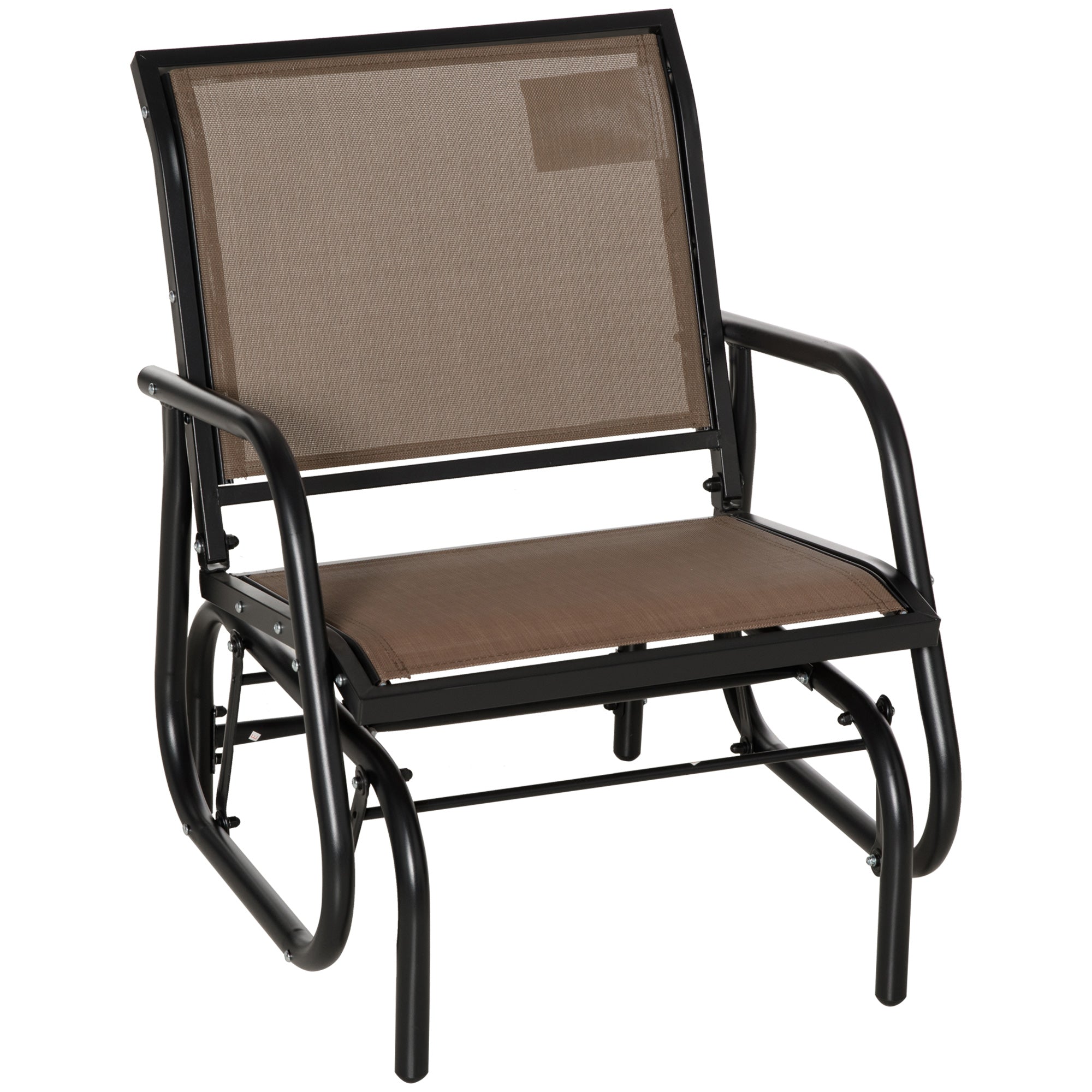 Outsunny Breezy Glider: Steel Frame Outdoor Swing Chair with Breathable Mesh Seat, Backrest, and Curved Rocking Arms, Brown