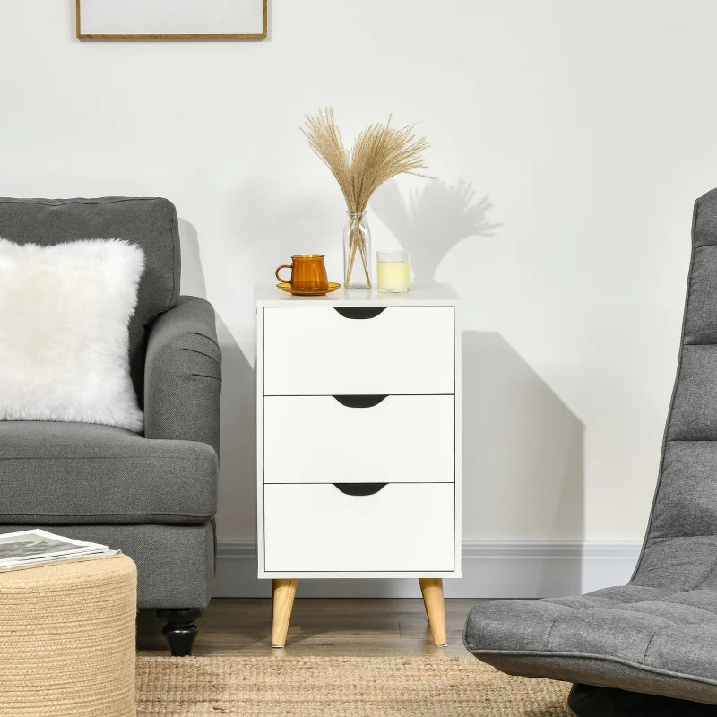 Bedside Table, Modern Nightstand with 3 Drawers, Side End Table with Wood Legs for Living Room, Bedroom, White